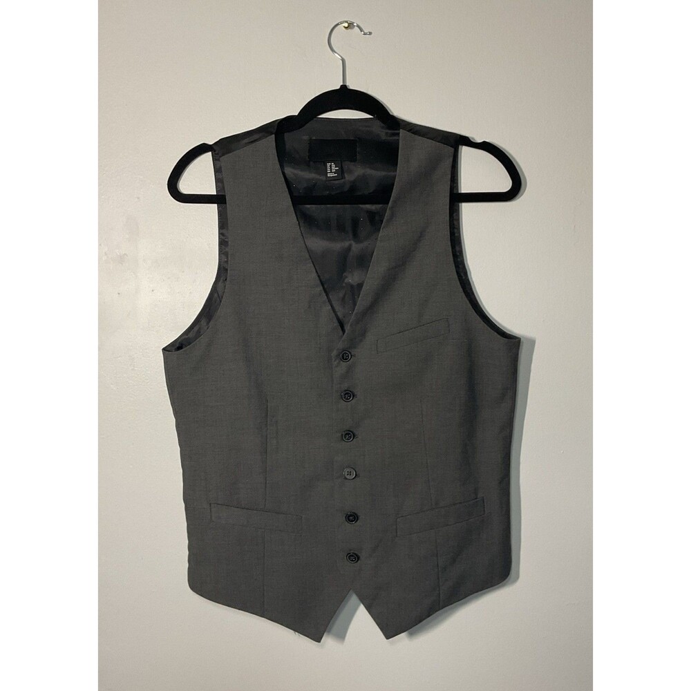 H&M Suit Vest Mens Gray Solid Sleeveless Pockets V Neck Button Front Size 36R